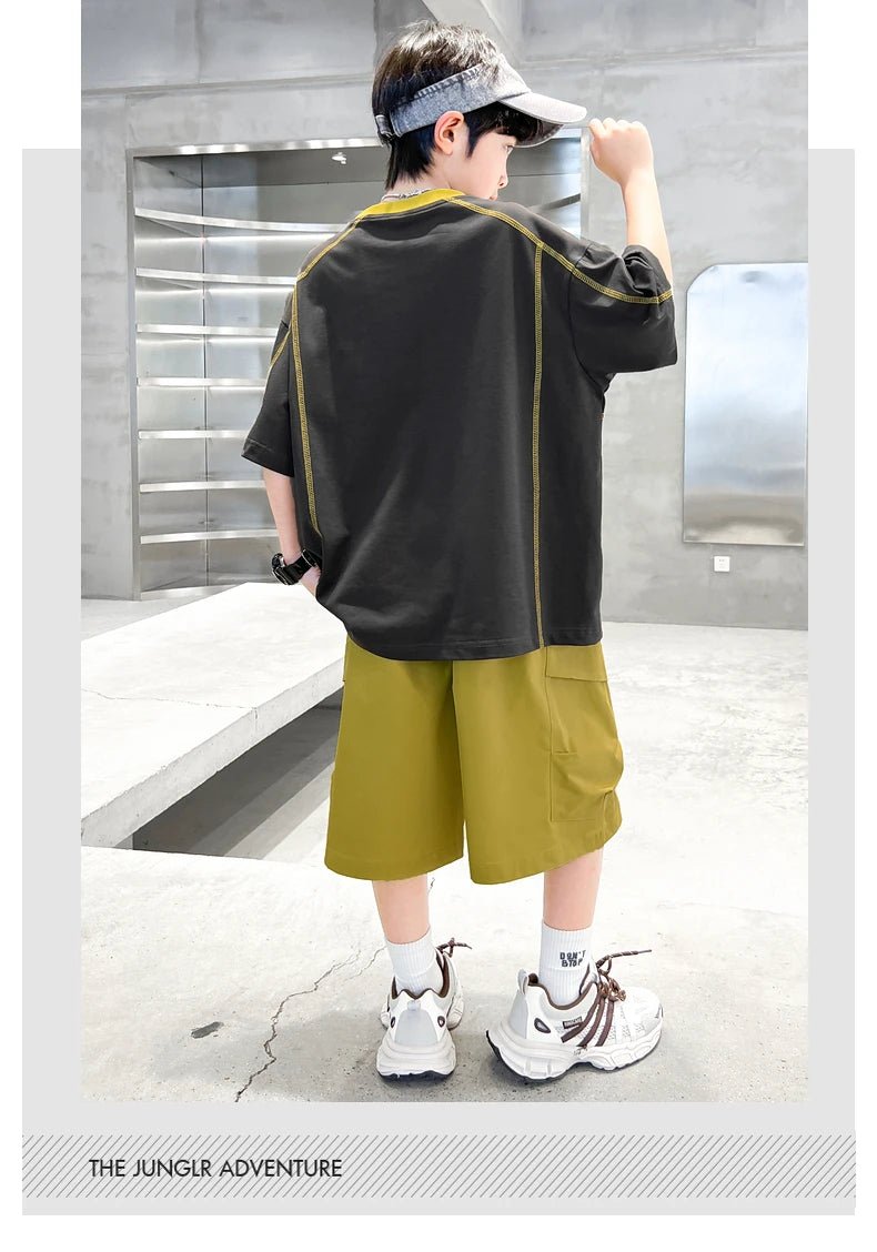 Teenage Summer Tracksuit for Boy with Shorts Tshirt 2 Piece Top and Bottom Clothes Set Kids Child Casual Cotton Outfit Suit Wear - Mom & Kids