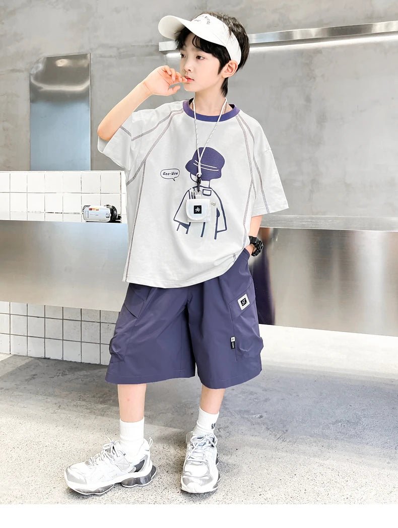 Teenage Summer Tracksuit for Boy with Shorts Tshirt 2 Piece Top and Bottom Clothes Set Kids Child Casual Cotton Outfit Suit Wear - Mom & Kids