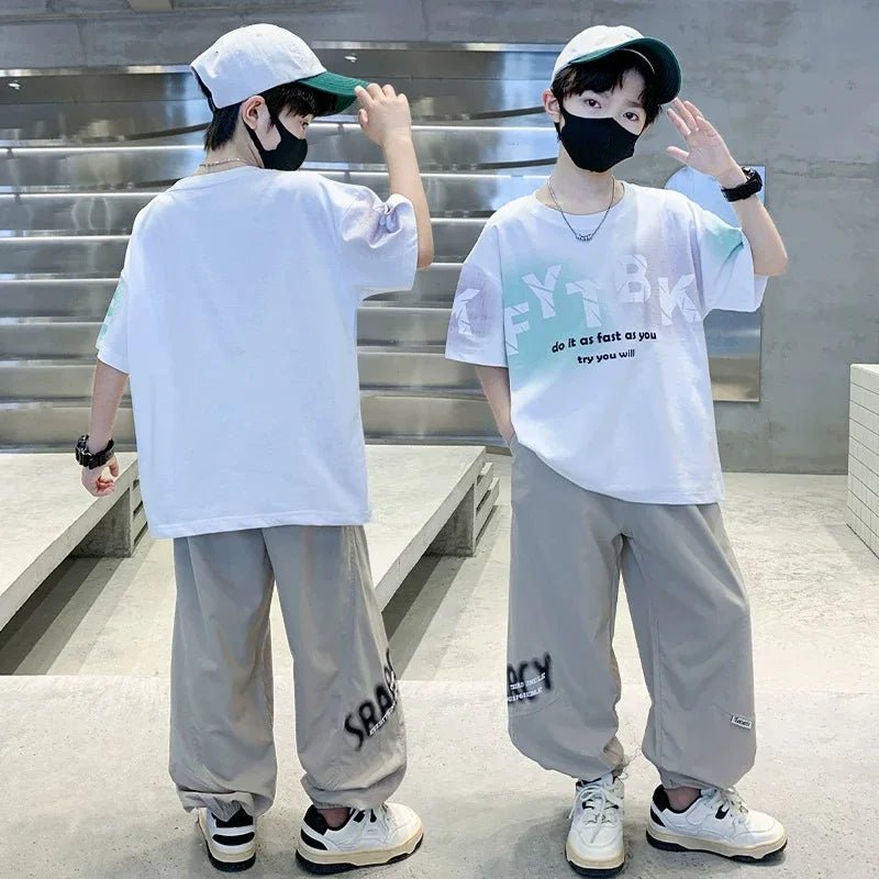Teenager Boys Clothes Casual Outfit Kids Gradient Tracksuit Child t shirt + ankle tie pant - Mom & Kids
