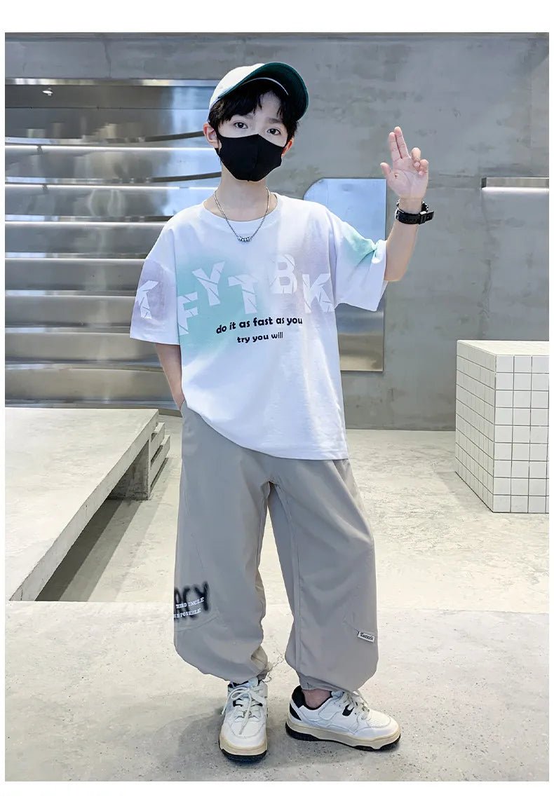 Teenager Boys Clothes Casual Outfit Kids Gradient Tracksuit Child t shirt + ankle tie pant - Mom & Kids