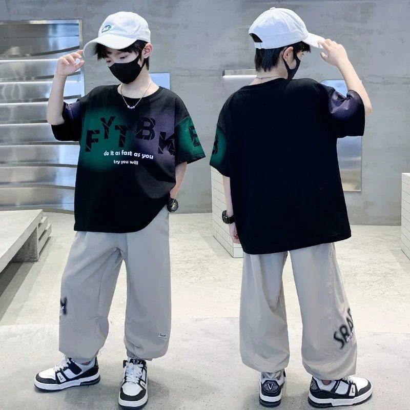 Teenager Boys Clothes Casual Outfit Kids Gradient Tracksuit Child t shirt + ankle tie pant - Mom & Kids