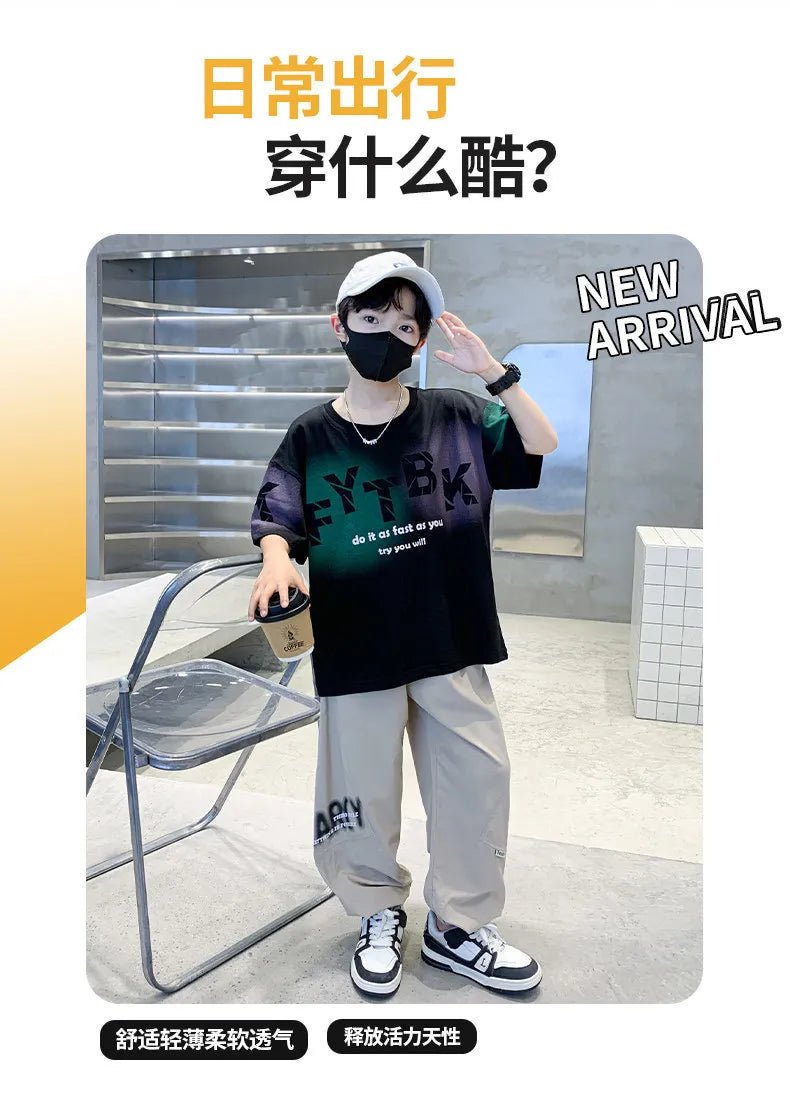 Teenager Boys Clothes Casual Outfit Kids Gradient Tracksuit Child t shirt + ankle tie pant - Mom & Kids