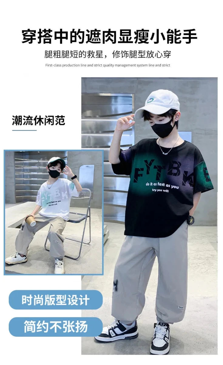 Teenager Boys Clothes Casual Outfit Kids Gradient Tracksuit Child t shirt + ankle tie pant - Mom & Kids