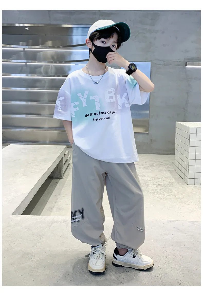 Teenager Boys Clothes Casual Outfit Kids Gradient Tracksuit Child t shirt + ankle tie pant - Mom & Kids