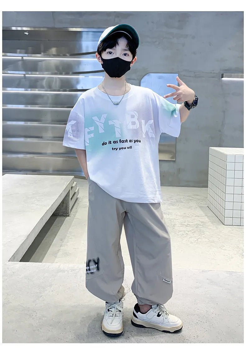 Teenager Boys Clothes Casual Outfit Kids Gradient Tracksuit Child t shirt + ankle tie pant - Mom & Kids