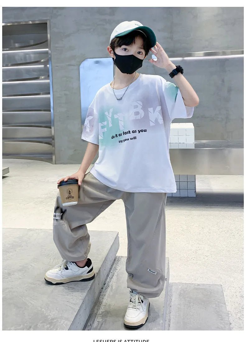 Teenager Boys Clothes Casual Outfit Kids Gradient Tracksuit Child t shirt + ankle tie pant - Mom & Kids