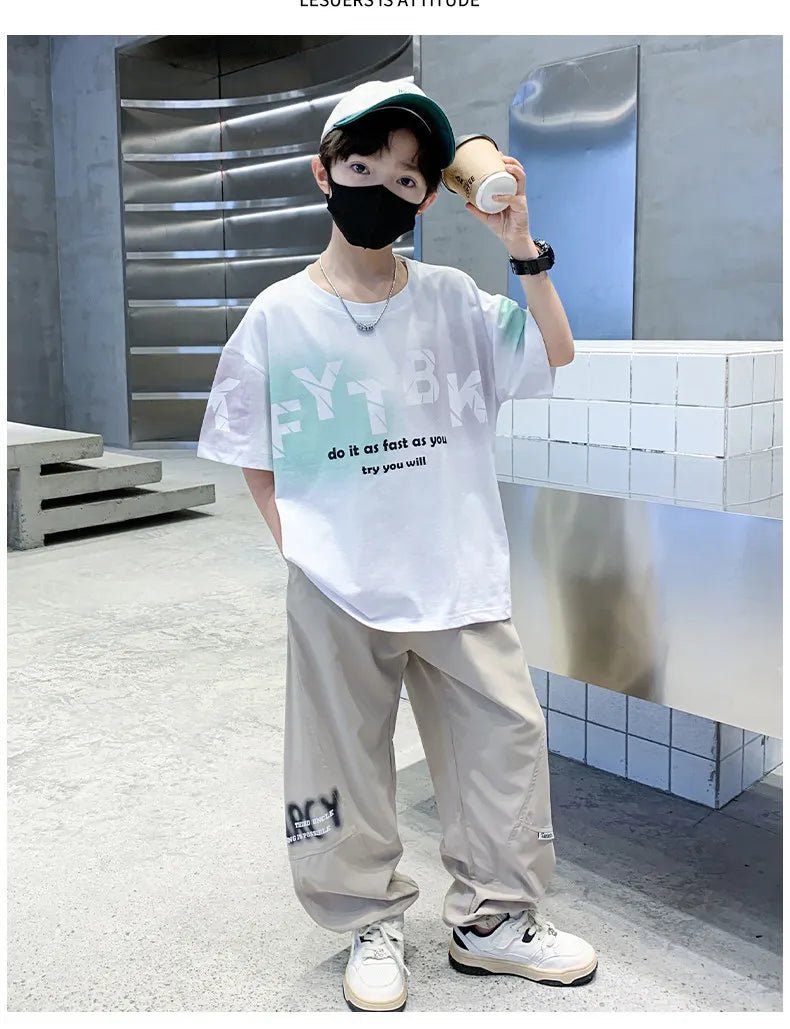 Teenager Boys Clothes Casual Outfit Kids Gradient Tracksuit Child t shirt + ankle tie pant - Mom & Kids