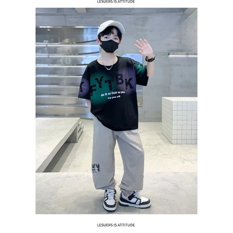 Teenager Boys Clothes Casual Outfit Kids Gradient Tracksuit Child t shirt + ankle tie pant - Mom & Kids