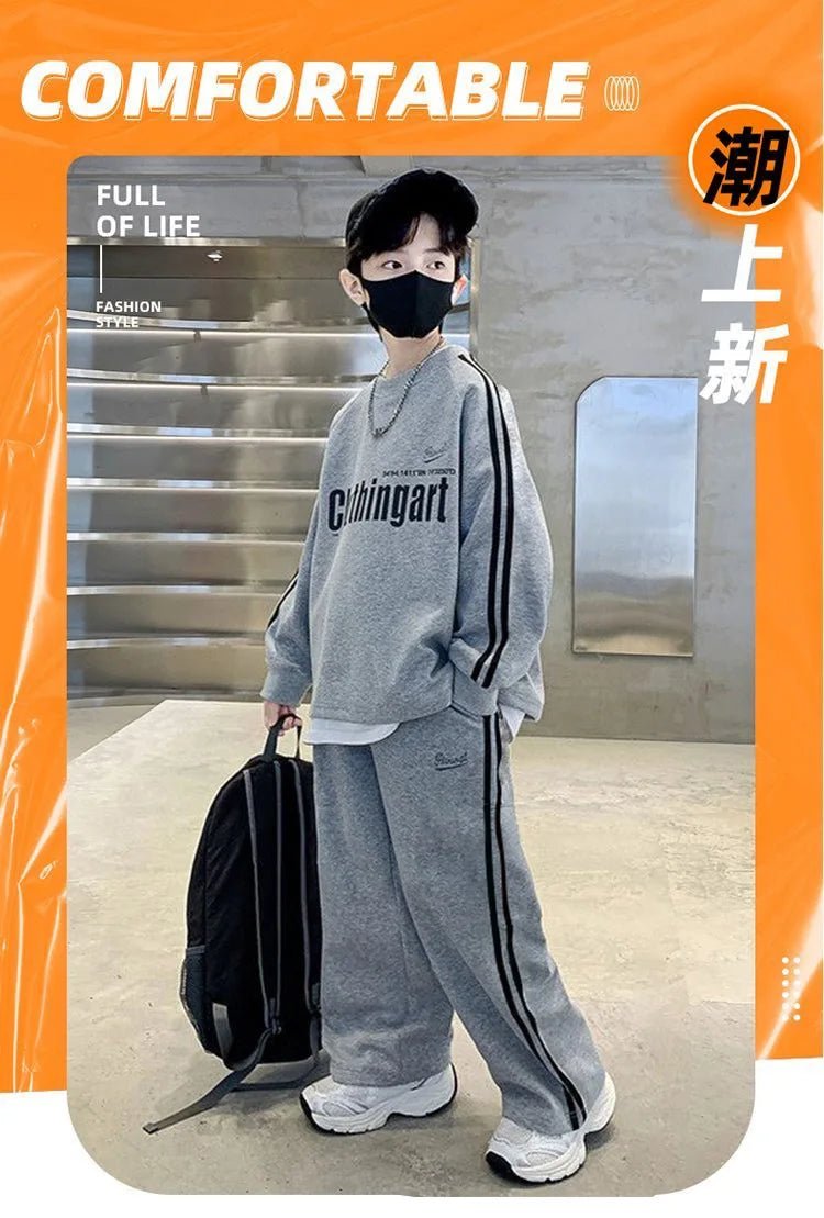 Teenager boys Suit autumn winter Cloth letter striped sweatshirt hooded + wide leg Pants tracksuit 5 8 10 12 Year Child set - Mom & Kids