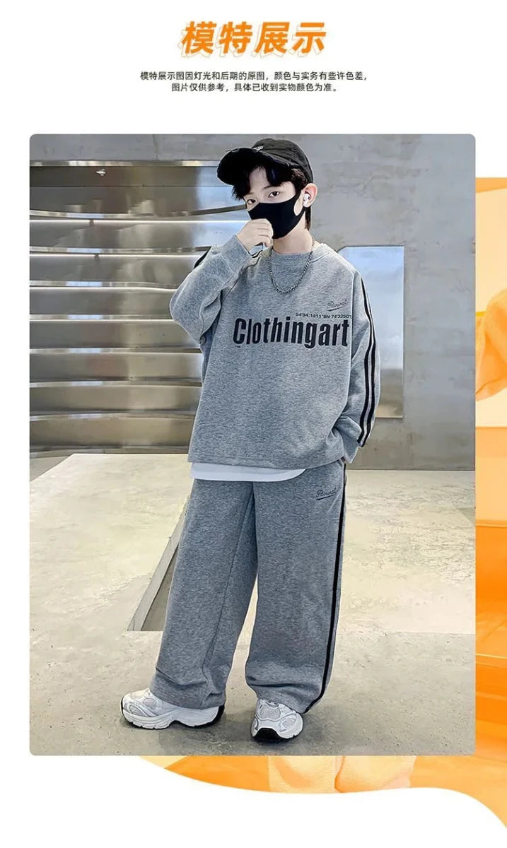 Teenager boys Suit autumn winter Cloth letter striped sweatshirt hooded + wide leg Pants tracksuit 5 8 10 12 Year Child set - Mom & Kids