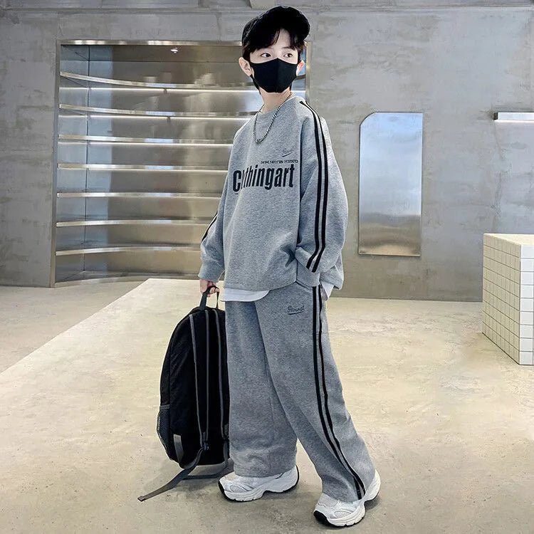 Teenager boys Suit autumn winter Cloth letter striped sweatshirt hooded + wide leg Pants tracksuit 5 8 10 12 Year Child set - Mom & Kids