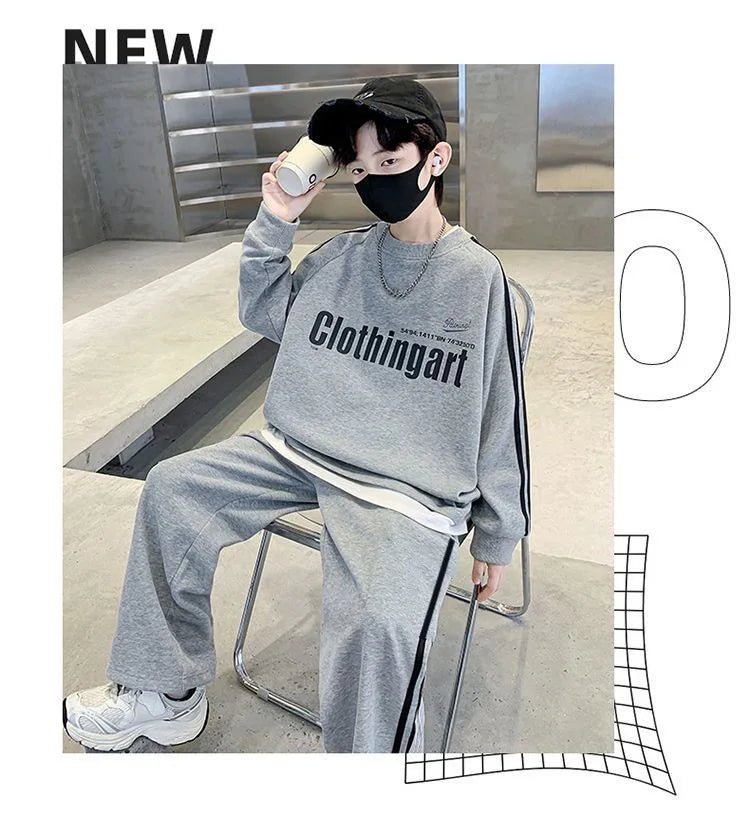 Teenager boys Suit autumn winter Cloth letter striped sweatshirt hooded + wide leg Pants tracksuit 5 8 10 12 Year Child set - Mom & Kids