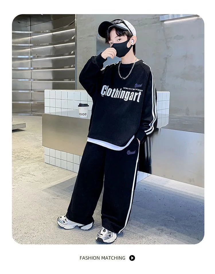 Teenager boys Suit autumn winter Cloth letter striped sweatshirt hooded + wide leg Pants tracksuit 5 8 10 12 Year Child set - Mom & Kids