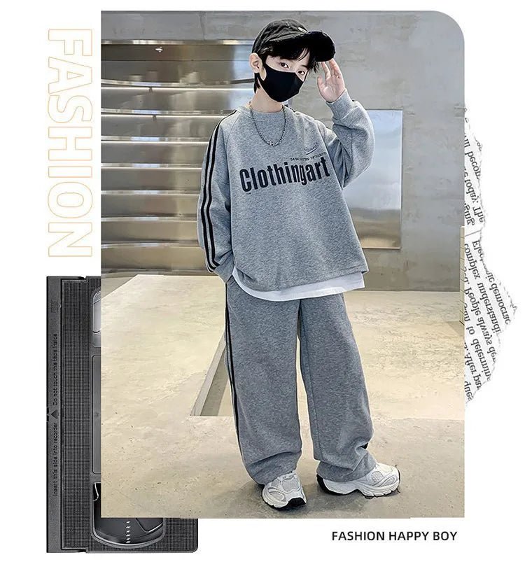 Teenager boys Suit autumn winter Cloth letter striped sweatshirt hooded + wide leg Pants tracksuit 5 8 10 12 Year Child set - Mom & Kids