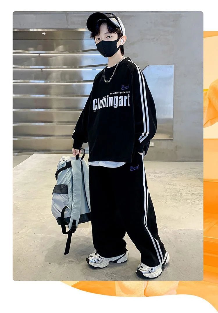 Teenager boys Suit autumn winter Cloth letter striped sweatshirt hooded + wide leg Pants tracksuit 5 8 10 12 Year Child set - Mom & Kids