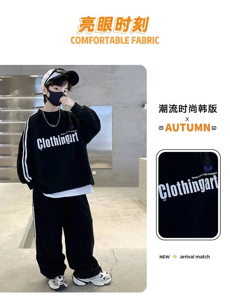Teenager boys Suit autumn winter Cloth letter striped sweatshirt hooded + wide leg Pants tracksuit 5 8 10 12 Year Child set - Mom & Kids