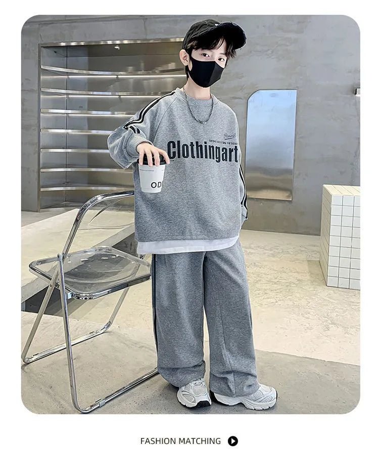 Teenager boys Suit autumn winter Cloth letter striped sweatshirt hooded + wide leg Pants tracksuit 5 8 10 12 Year Child set - Mom & Kids