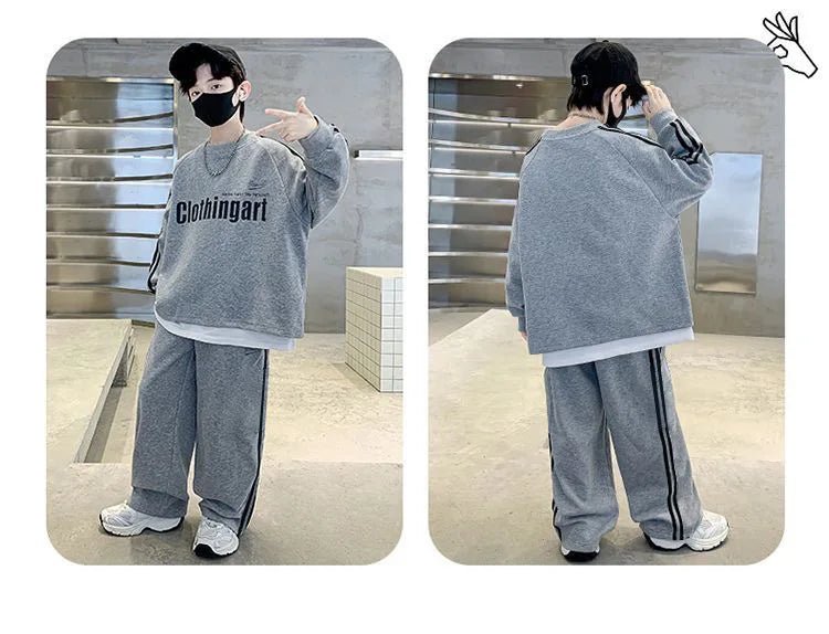 Teenager boys Suit autumn winter Cloth letter striped sweatshirt hooded + wide leg Pants tracksuit 5 8 10 12 Year Child set - Mom & Kids