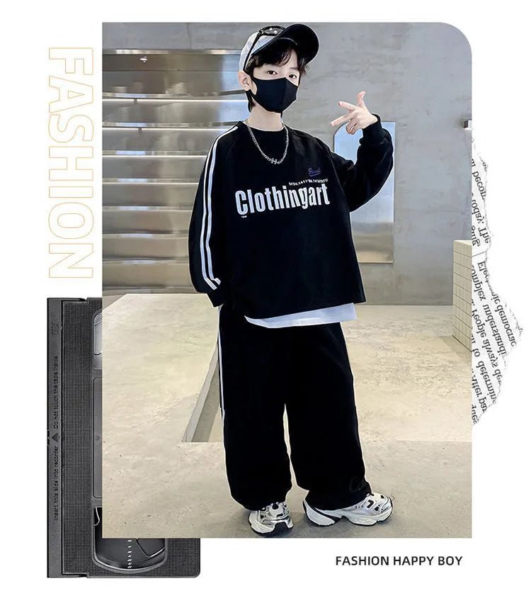 Teenager boys Suit autumn winter Cloth letter striped sweatshirt hooded + wide leg Pants tracksuit 5 8 10 12 Year Child set - Mom & Kids