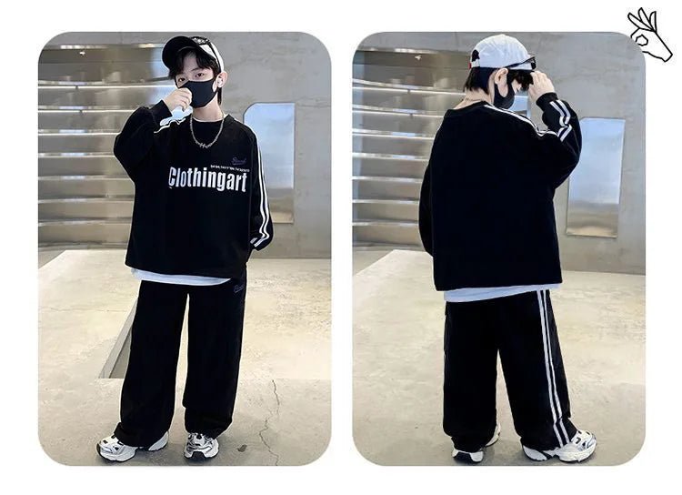Teenager boys Suit autumn winter Cloth letter striped sweatshirt hooded + wide leg Pants tracksuit 5 8 10 12 Year Child set - Mom & Kids