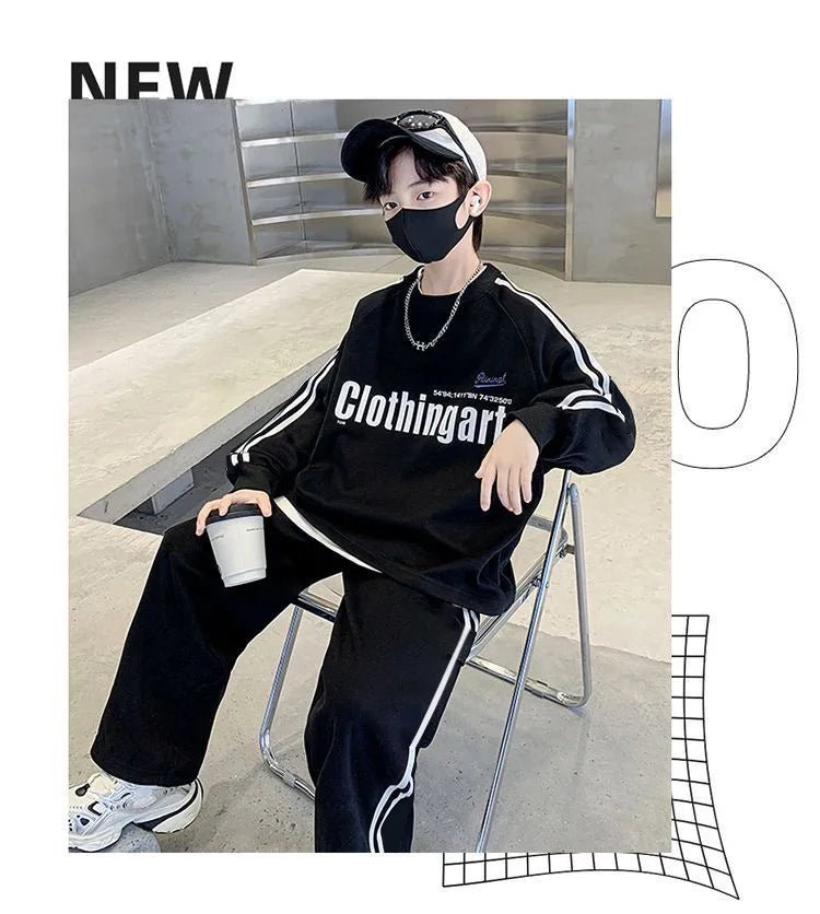 Teenager boys Suit autumn winter Cloth letter striped sweatshirt hooded + wide leg Pants tracksuit 5 8 10 12 Year Child set - Mom & Kids