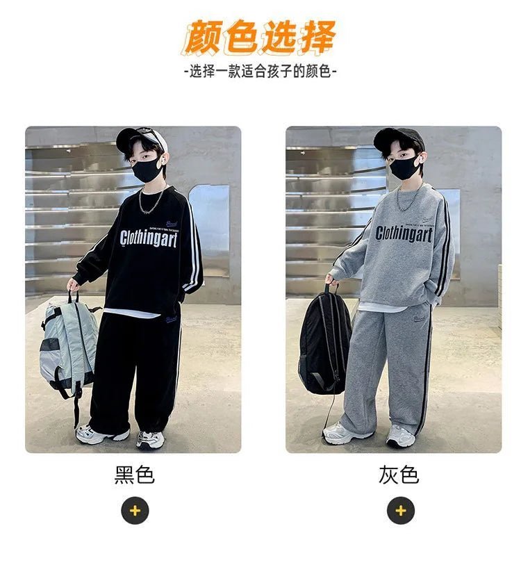 Teenager boys Suit autumn winter Cloth letter striped sweatshirt hooded + wide leg Pants tracksuit 5 8 10 12 Year Child set - Mom & Kids