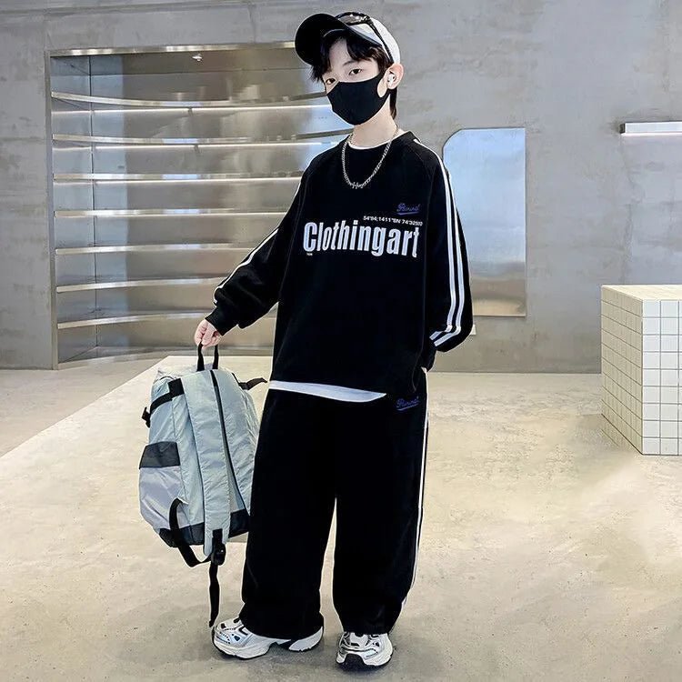 Teenager boys Suit autumn winter Cloth letter striped sweatshirt hooded + wide leg Pants tracksuit 5 8 10 12 Year Child set - Mom & Kids