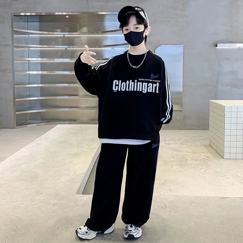 Teenager boys Suit autumn winter Cloth letter striped sweatshirt hooded + wide leg Pants tracksuit 5 8 10 12 Year Child set - Mom & Kids