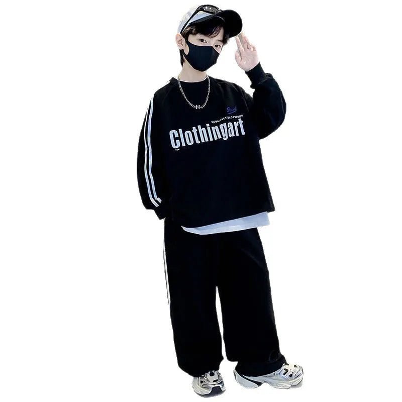 Teenager boys Suit autumn winter Cloth letter striped sweatshirt hooded + wide leg Pants tracksuit 5 8 10 12 Year Child set - Mom & Kids