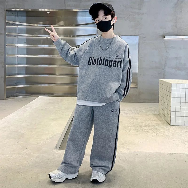 Teenager boys Suit autumn winter Cloth letter striped sweatshirt hooded + wide leg Pants tracksuit 5 8 10 12 Year Child set - Mom & Kids