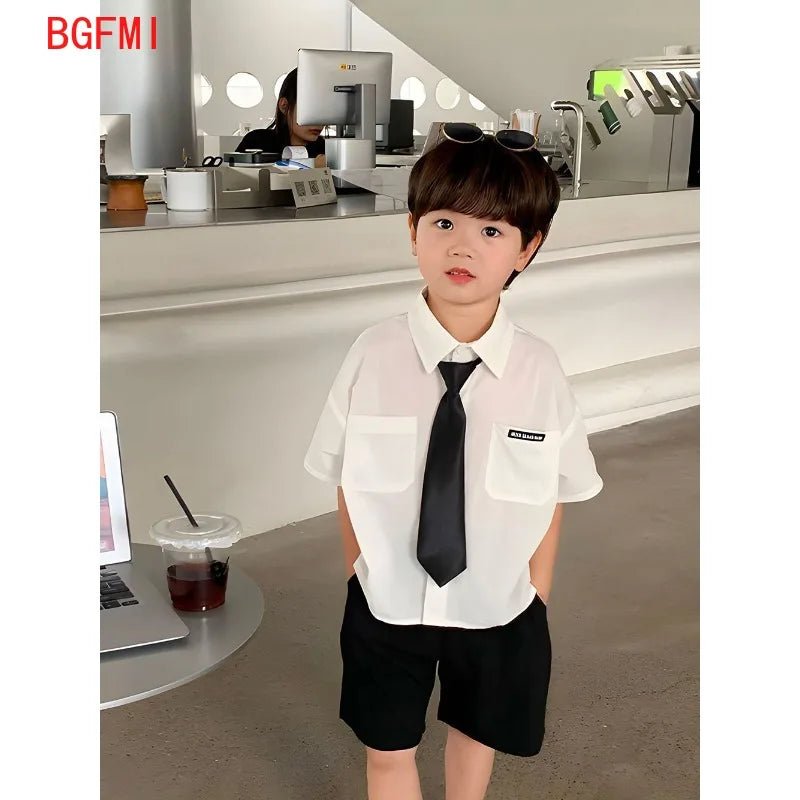 Teens Boys Summer Set Children's Wear Thin 2025 New Handsome British Style Boy White Cotton Short Sleeved Shirt+Black Shorts+Tie - Mom & Kids