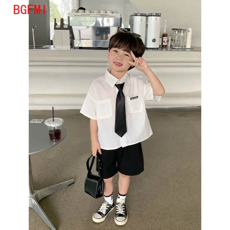 Teens Boys Summer Set Children's Wear Thin 2025 New Handsome British Style Boy White Cotton Short Sleeved Shirt+Black Shorts+Tie - Mom & Kids