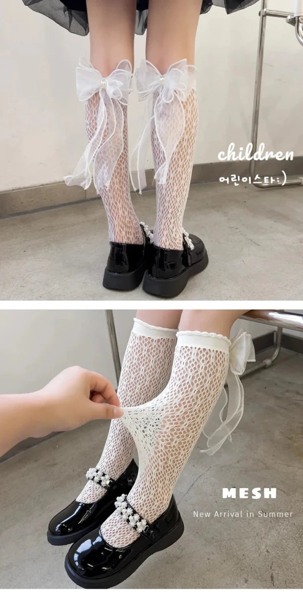Thin Lolita bow girls' stockings in summer lace bud stockings Japanese princess straight calf socks - Mom & Kids