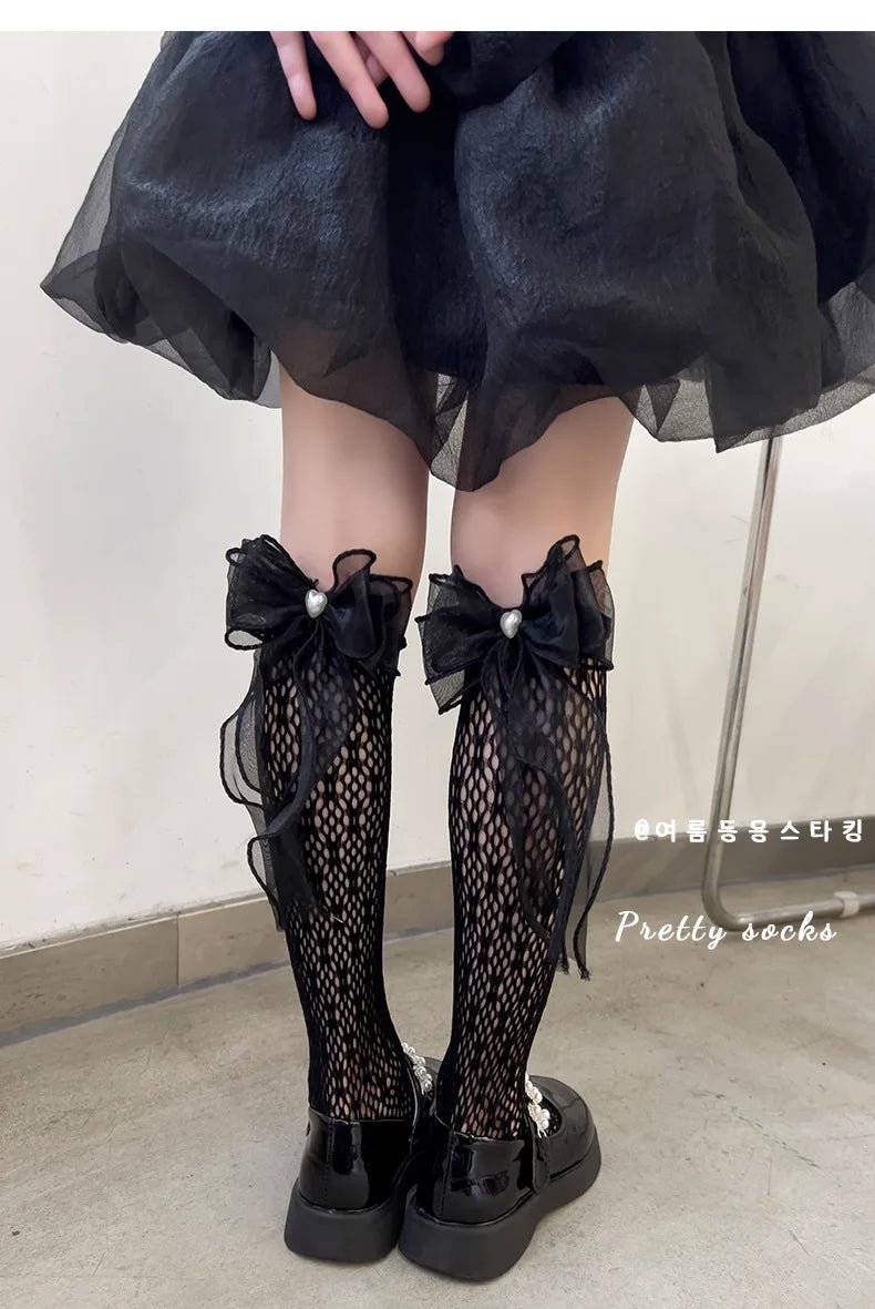Thin Lolita bow girls' stockings in summer lace bud stockings Japanese princess straight calf socks - Mom & Kids