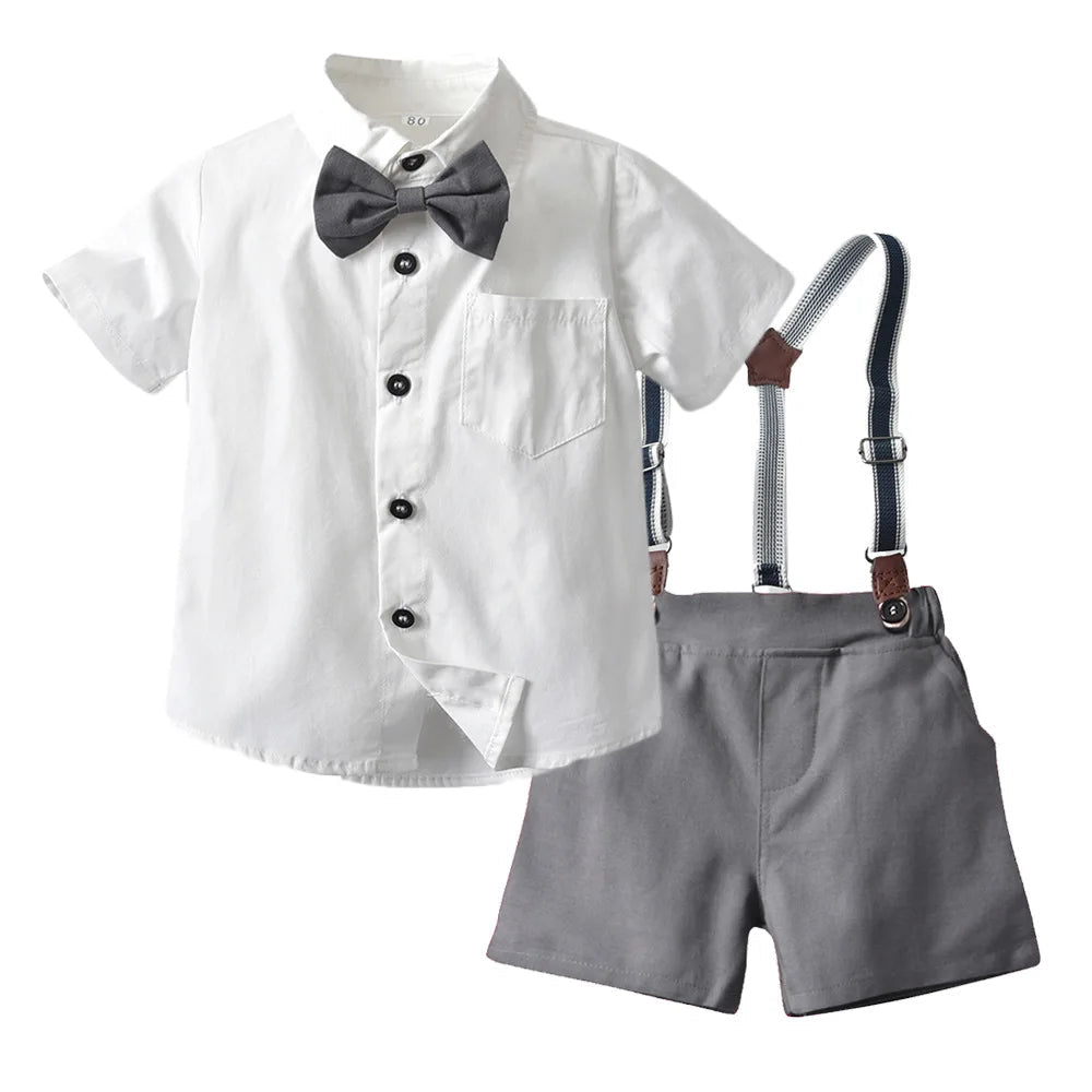 Toddler Boys Clothing Set Newborn Gentleman Suit Kids Short Sleeve Bow Tie Shirt+Suspender Shorts Casual Summer Baby Boy Clothes - Mom & Kids