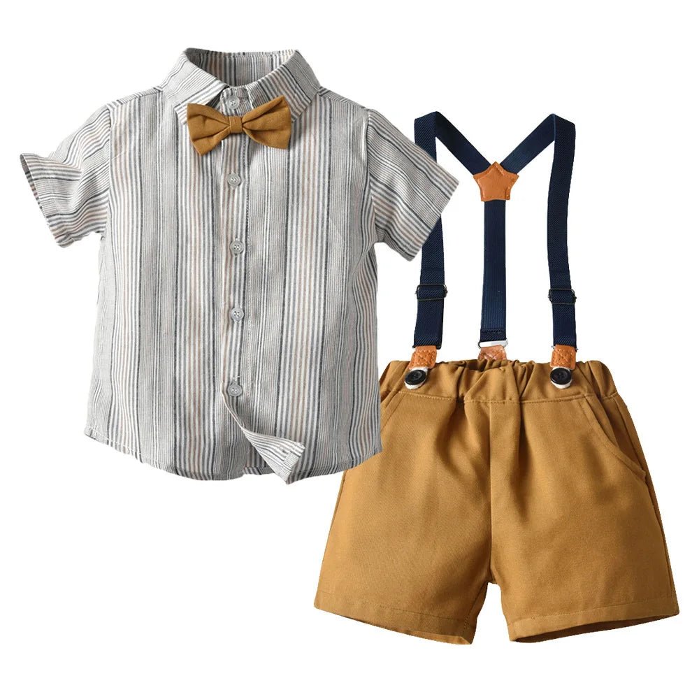 Toddler Boys Clothing Set Newborn Gentleman Suit Kids Short Sleeve Bow Tie Shirt+Suspender Shorts Casual Summer Baby Boy Clothes - Mom & Kids