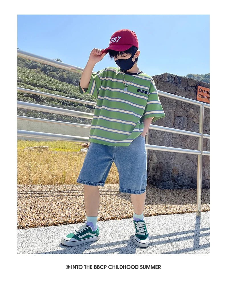 Tween Boy Summer Clothing Set Child Casual Cotton Stripe T-shirt & Denim Shorts 2 Piece Suit Teenage Kids Luxury Clothes Costume - Mom & Kids