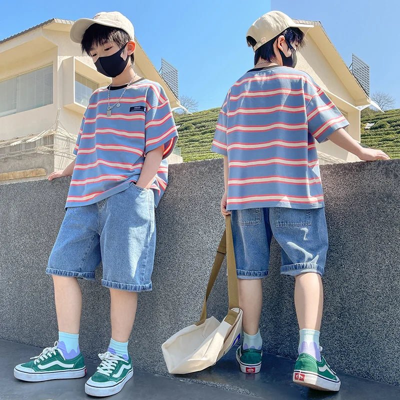 Tween Boy Summer Clothing Set Child Casual Cotton Stripe T-shirt & Denim Shorts 2 Piece Suit Teenage Kids Luxury Clothes Costume - Mom & Kids