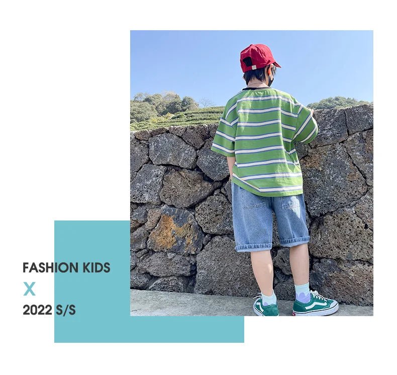 Tween Boy Summer Clothing Set Child Casual Cotton Stripe T-shirt & Denim Shorts 2 Piece Suit Teenage Kids Luxury Clothes Costume - Mom & Kids