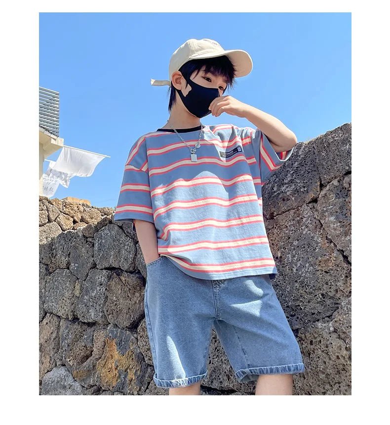 Tween Boy Summer Clothing Set Child Casual Cotton Stripe T-shirt & Denim Shorts 2 Piece Suit Teenage Kids Luxury Clothes Costume - Mom & Kids