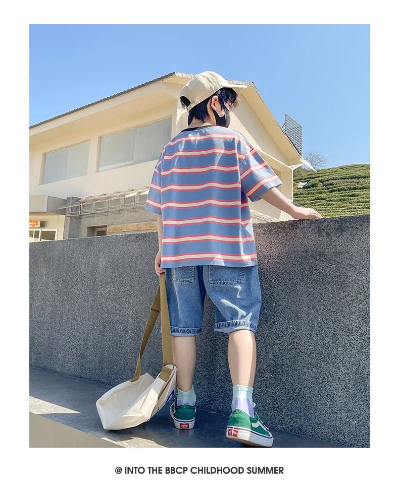 Tween Boy Summer Clothing Set Child Casual Cotton Stripe T-shirt & Denim Shorts 2 Piece Suit Teenage Kids Luxury Clothes Costume - Mom & Kids
