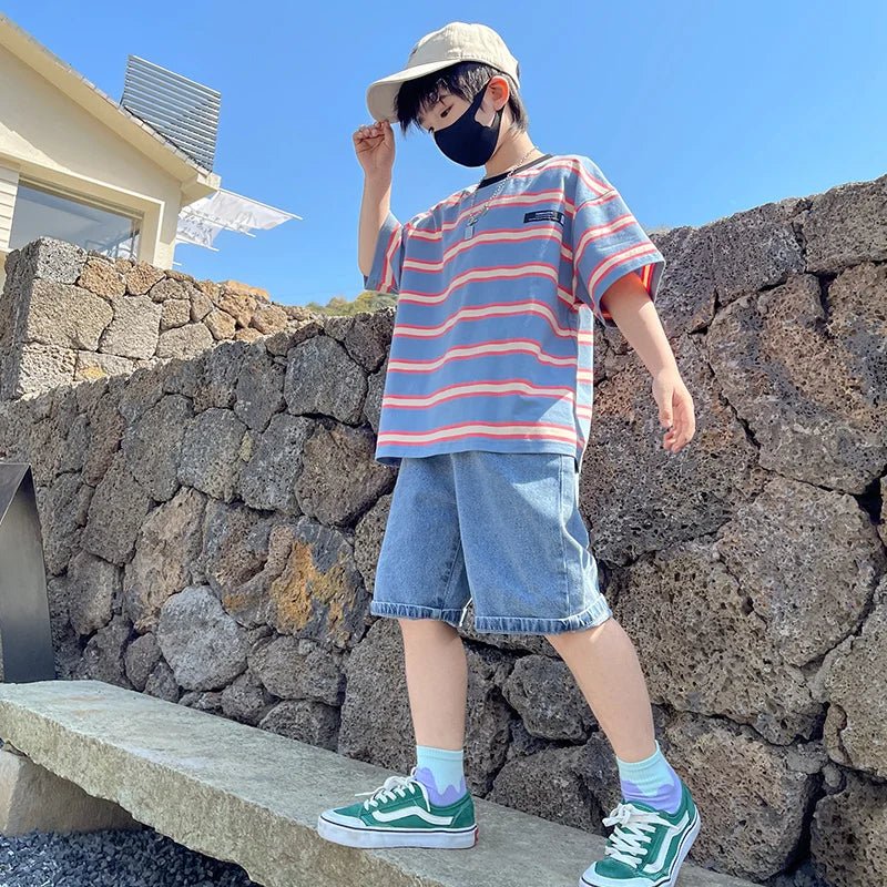 Tween Boy Summer Clothing Set Child Casual Cotton Stripe T-shirt & Denim Shorts 2 Piece Suit Teenage Kids Luxury Clothes Costume - Mom & Kids