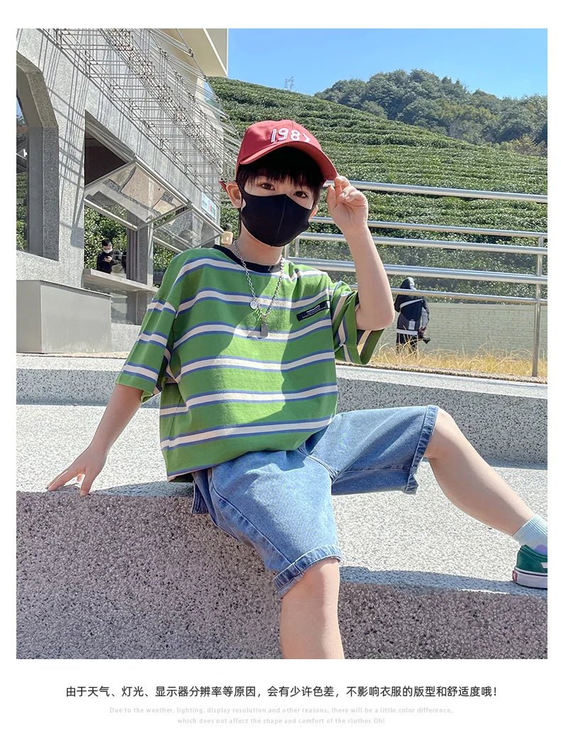 Tween Boy Summer Clothing Set Child Casual Cotton Stripe T-shirt & Denim Shorts 2 Piece Suit Teenage Kids Luxury Clothes Costume - Mom & Kids