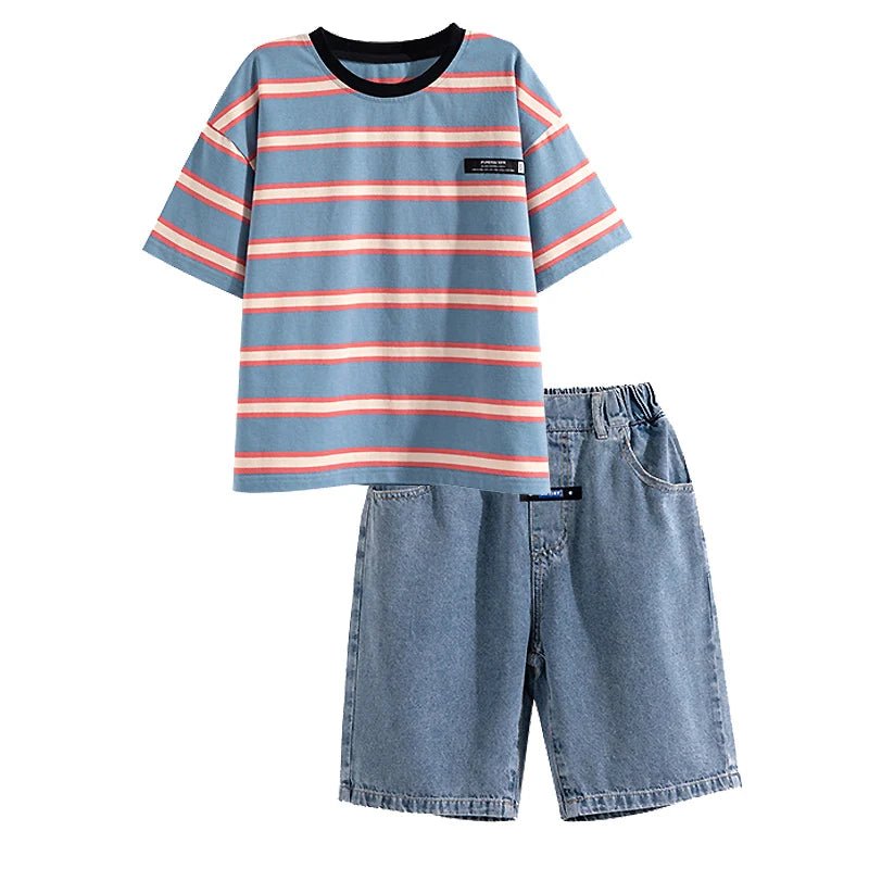 Tween Boy Summer Clothing Set Child Casual Cotton Stripe T-shirt & Denim Shorts 2 Piece Suit Teenage Kids Luxury Clothes Costume - Mom & Kids