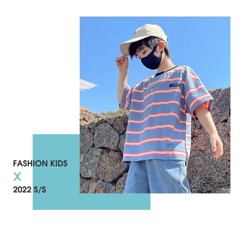 Tween Boy Summer Clothing Set Child Casual Cotton Stripe T-shirt & Denim Shorts 2 Piece Suit Teenage Kids Luxury Clothes Costume - Mom & Kids