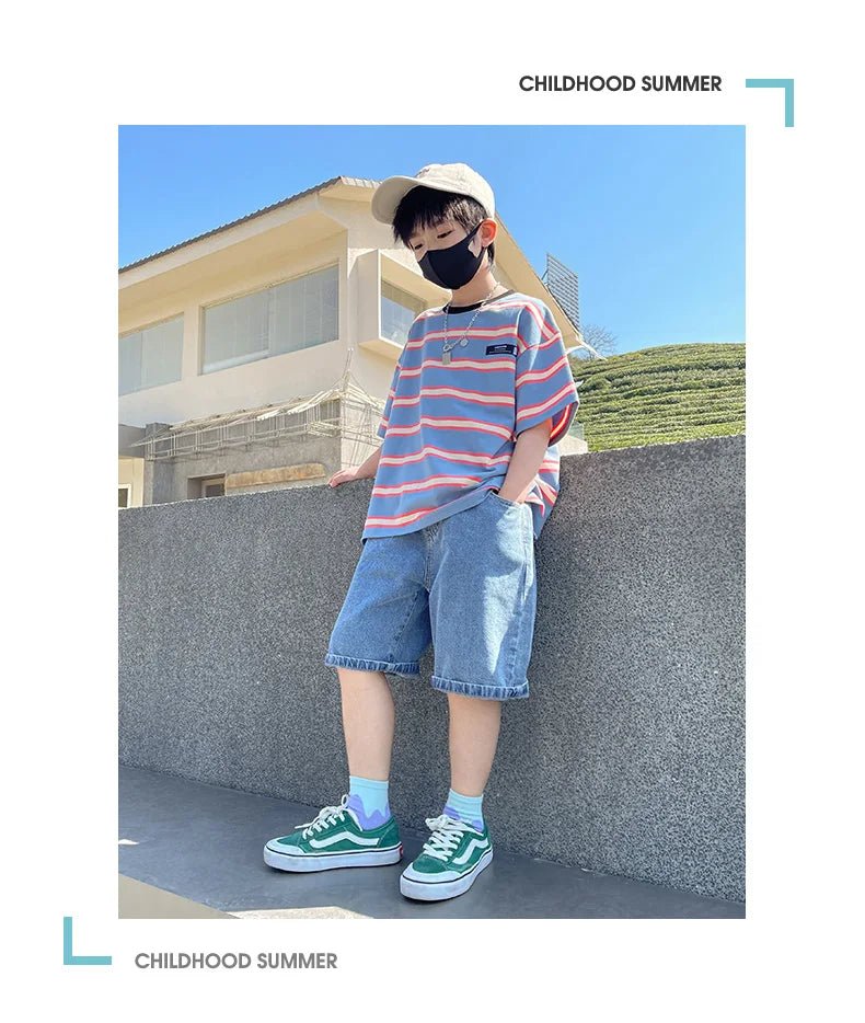 Tween Boy Summer Clothing Set Child Casual Cotton Stripe T-shirt & Denim Shorts 2 Piece Suit Teenage Kids Luxury Clothes Costume - Mom & Kids