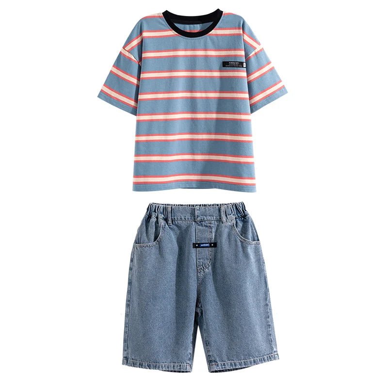 Tween Boy Summer Clothing Set Child Casual Cotton Stripe T-shirt & Denim Shorts 2 Piece Suit Teenage Kids Luxury Clothes Costume - Mom & Kids