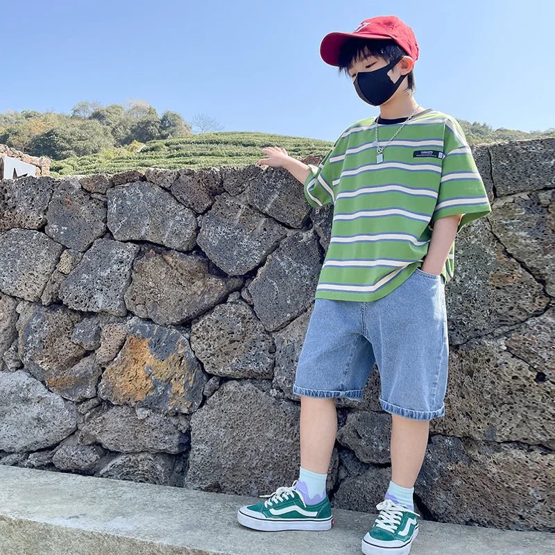 Tween Boy Summer Clothing Set Child Casual Cotton Stripe T-shirt & Denim Shorts 2 Piece Suit Teenage Kids Luxury Clothes Costume - Mom & Kids