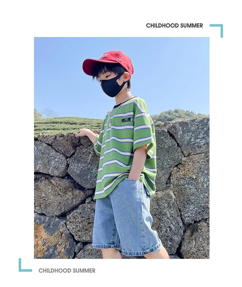 Tween Boy Summer Clothing Set Child Casual Cotton Stripe T-shirt & Denim Shorts 2 Piece Suit Teenage Kids Luxury Clothes Costume - Mom & Kids