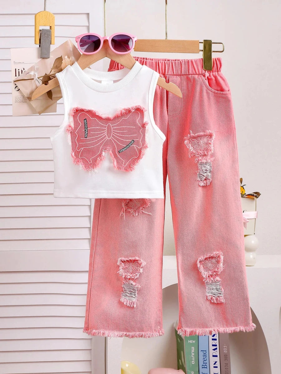 Unique Kid Set Summer Girl Sleeveless Applique Bow Camisole Top Ripped Denim Pants Two-Piece Children Suit Casual Comfortable - Mom & Kids